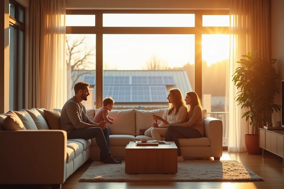 Famille dans un salon lumineux avec panneaux solaires visibles par la fenêtre sur le toit de la maison