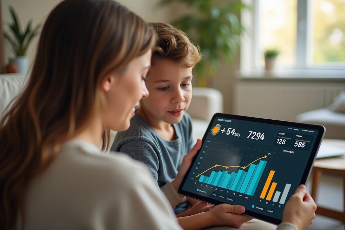 Famille consultant l'application de suivi de consommation d'énergie solaire sur tablette tactile