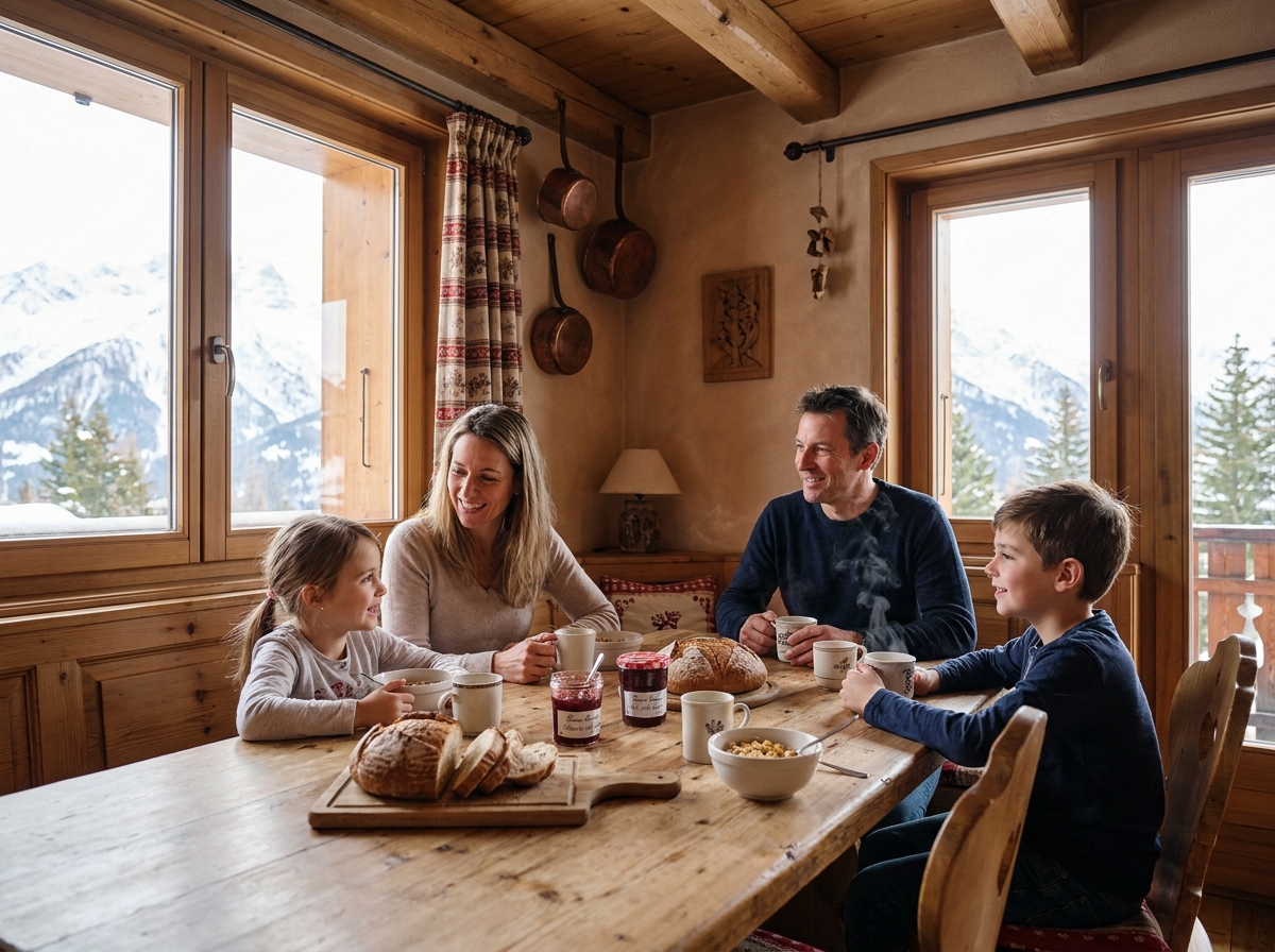 Famille avec enfants partageant un petit-déjeuner à une table en bois dans un chalet alpin avec vue sur les montagnes enneigées
