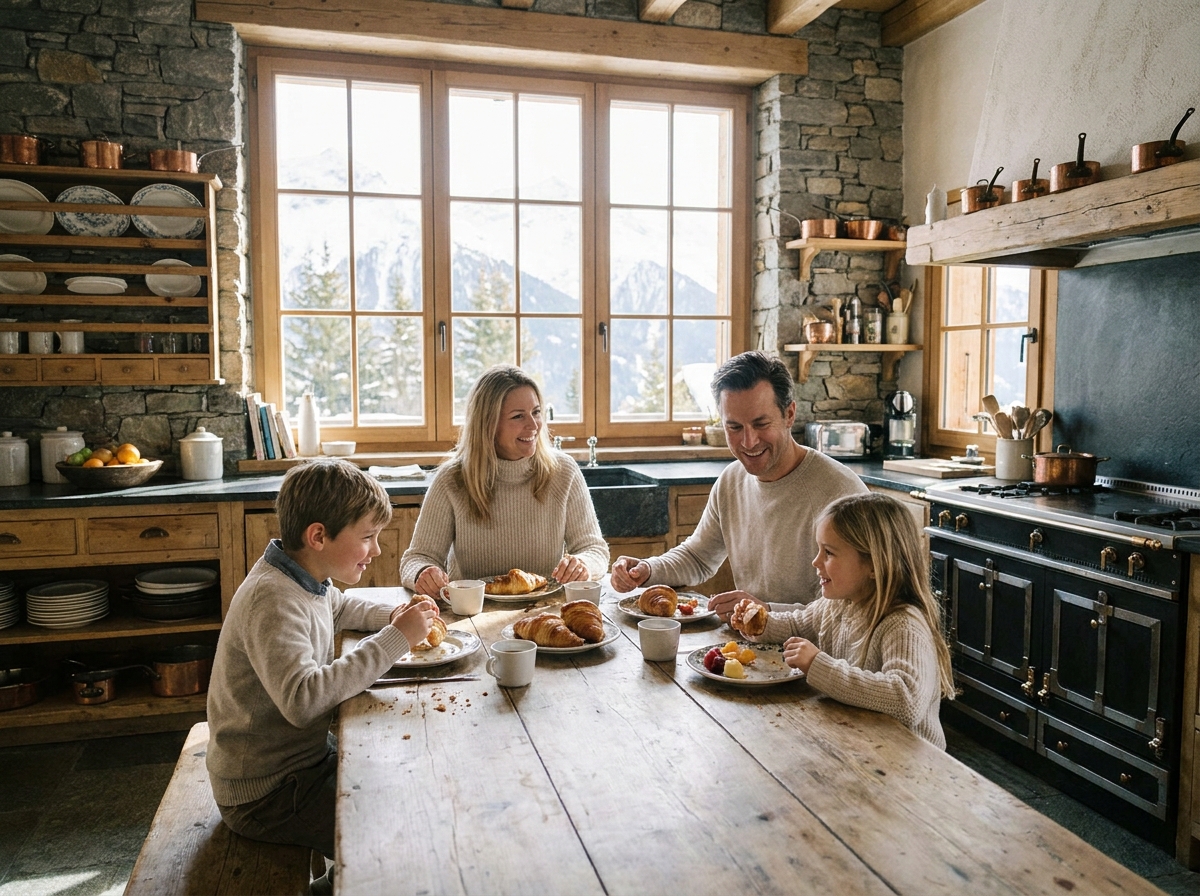 Famille déjeunant ensemble à table en bois dans une cuisine de chalet avec vue sur montagnes enneigées et pierre apparente