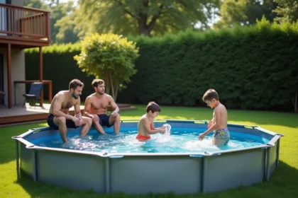 Famille profitant d'une piscine en acier ronde installée dans un jardin verdoyant en été
