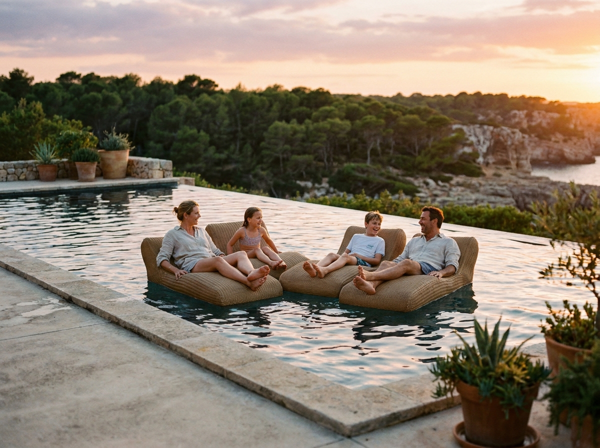 Famille piscine privée villa Ibiza enfants vacances confort luxe
