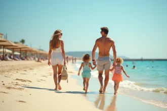 Famille avec enfants se promenant sur la plage d'Argelès-sur-Mer en vacances d'été économiques