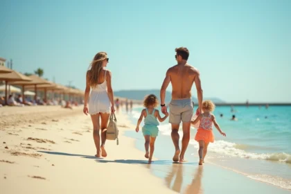 Famille avec enfants se promenant sur la plage d'Argelès-sur-Mer en vacances d'été économiques