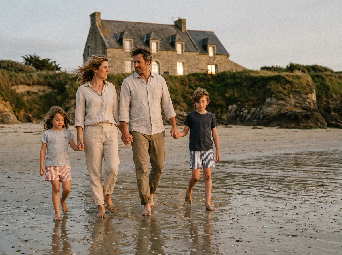 Famille de quatre personnes marchant pieds nus sur la plage mouillée avec leur maison familiale en granit en arrière-plan à Saint-Malo, ambiance détente et conviviale