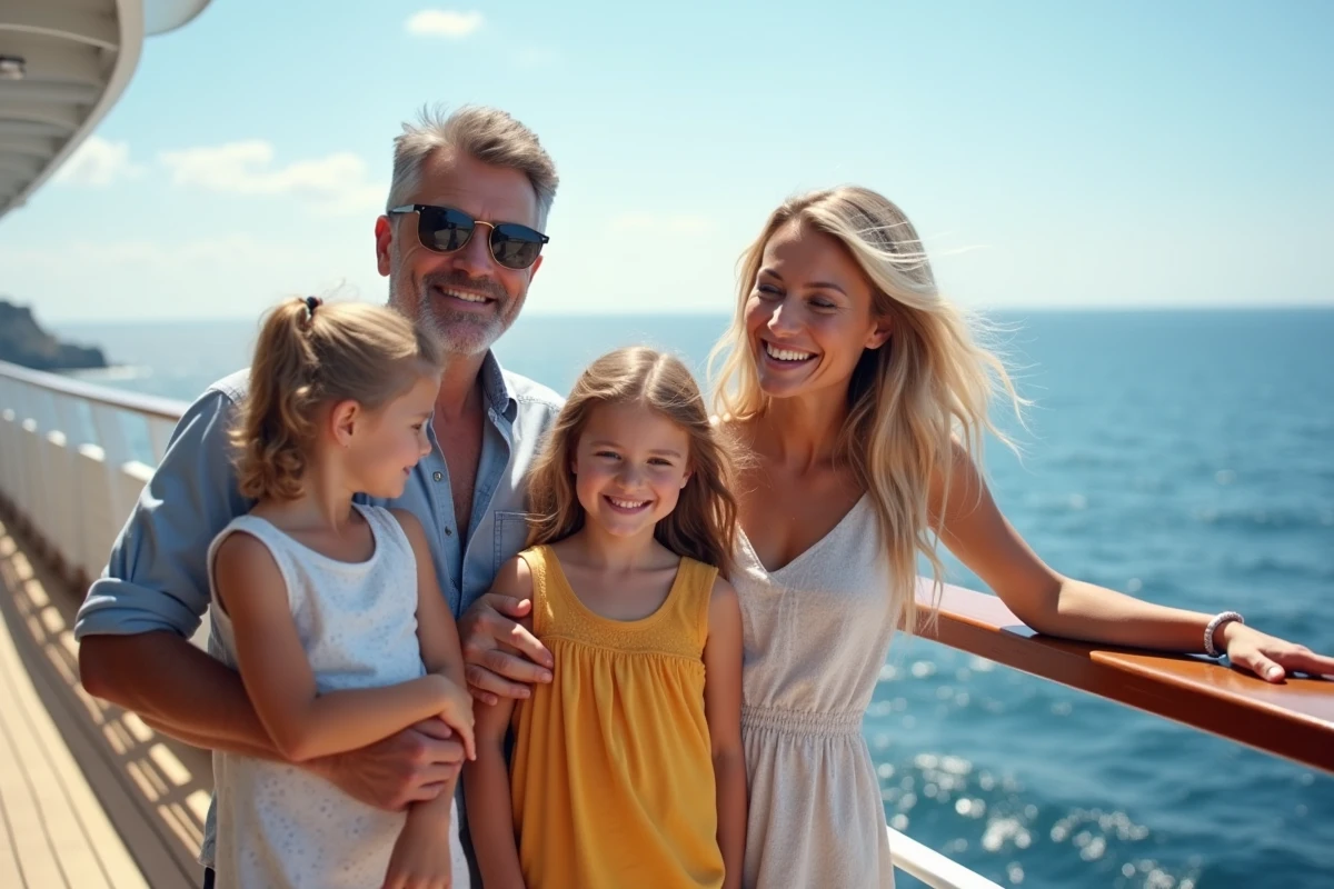 Famille heureuse profitant du pont d'un bateau de croisière avec vue sur l'océan