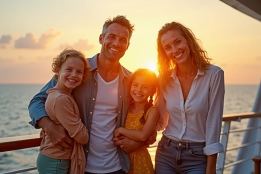 Famille heureuse profitant du pont d'un navire de croisière au coucher de soleil