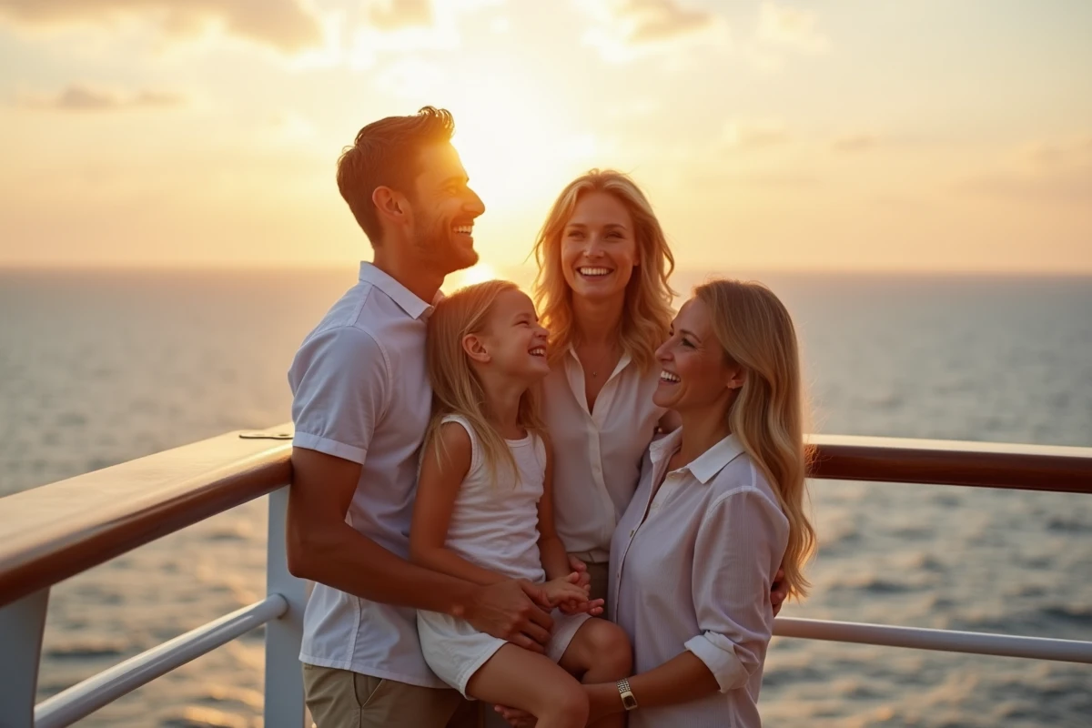 Famille heureuse multigénérationnelle profitant ensemble sur le pont d'un navire de croisière de luxe avec vue sur l'océan
