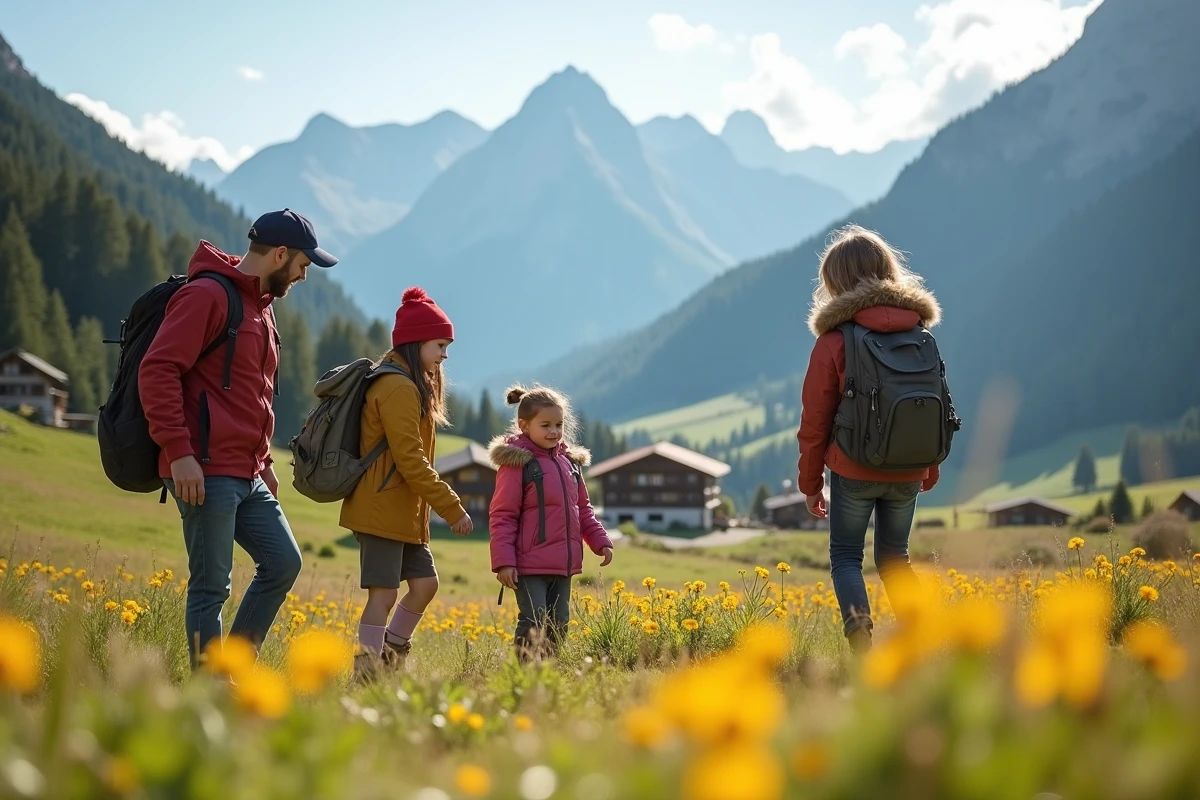 Famille avec enfants explorant une prairie de fleurs alpines dans une vallée de montagne préservée et pittoresque