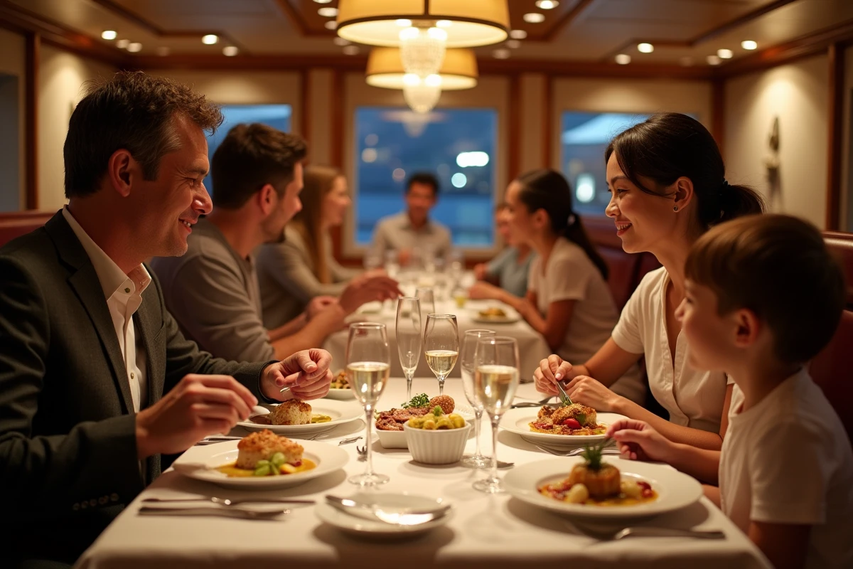 Famille en train de diner dans le restaurant élégant d'un bateau de croisière