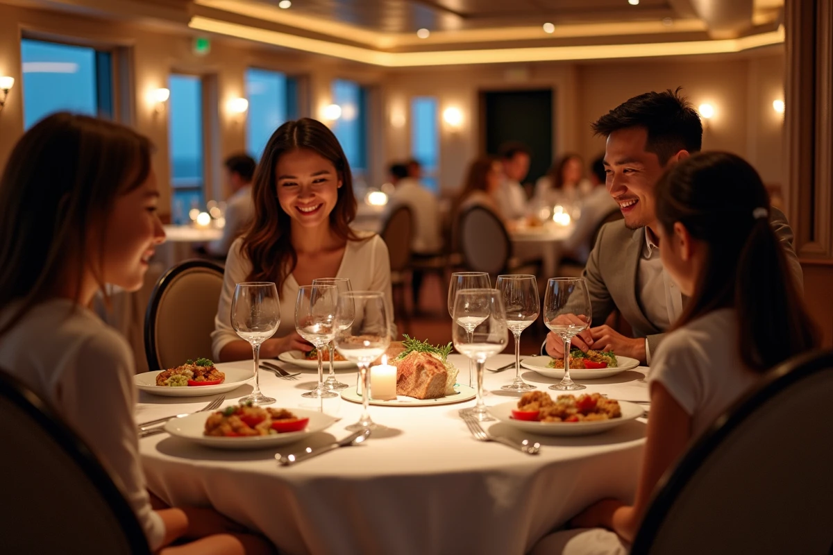 Famille dînant dans le restaurant élégant d'une croisière en mer