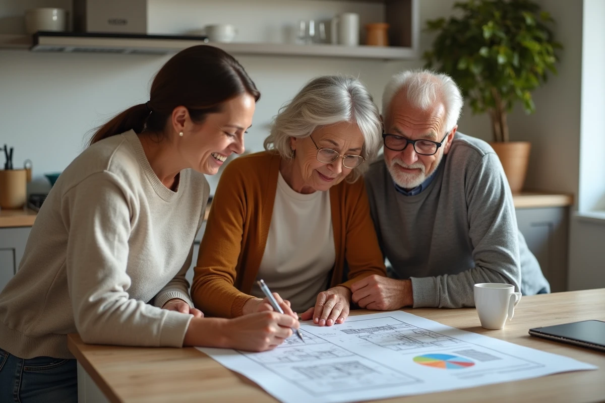 Famille multigénérationnelle discutant projet immobilier et création de SCI familiale