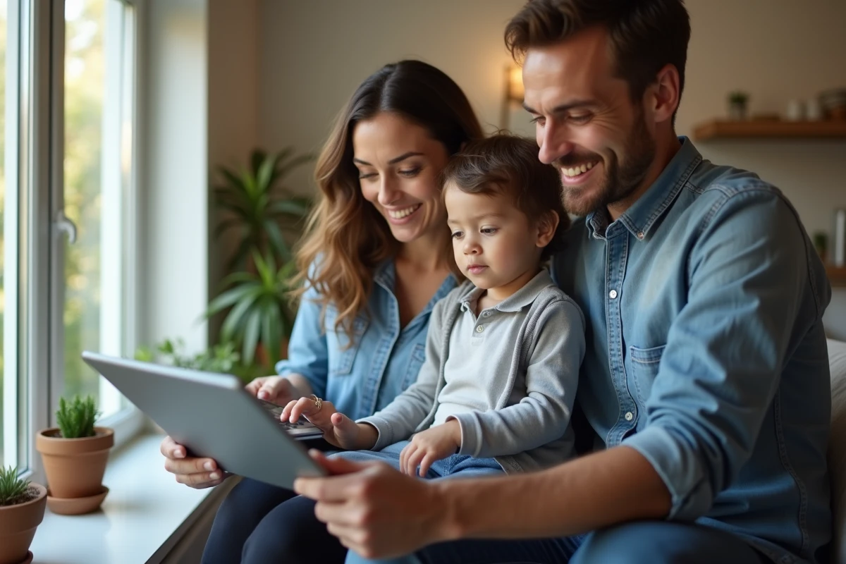 Couple consultant les données de production d'énergie solaire sur une tablette à l'intérieur de leur maison