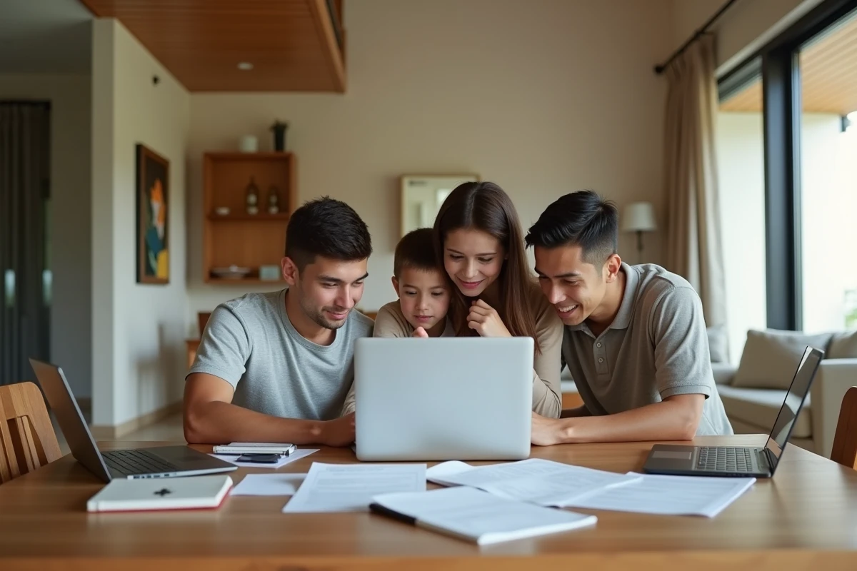 Famille vérifiant les réservations de voyage et les prix en ligne pour un séjour aux Émirats arabes unis depuis une villa moderne