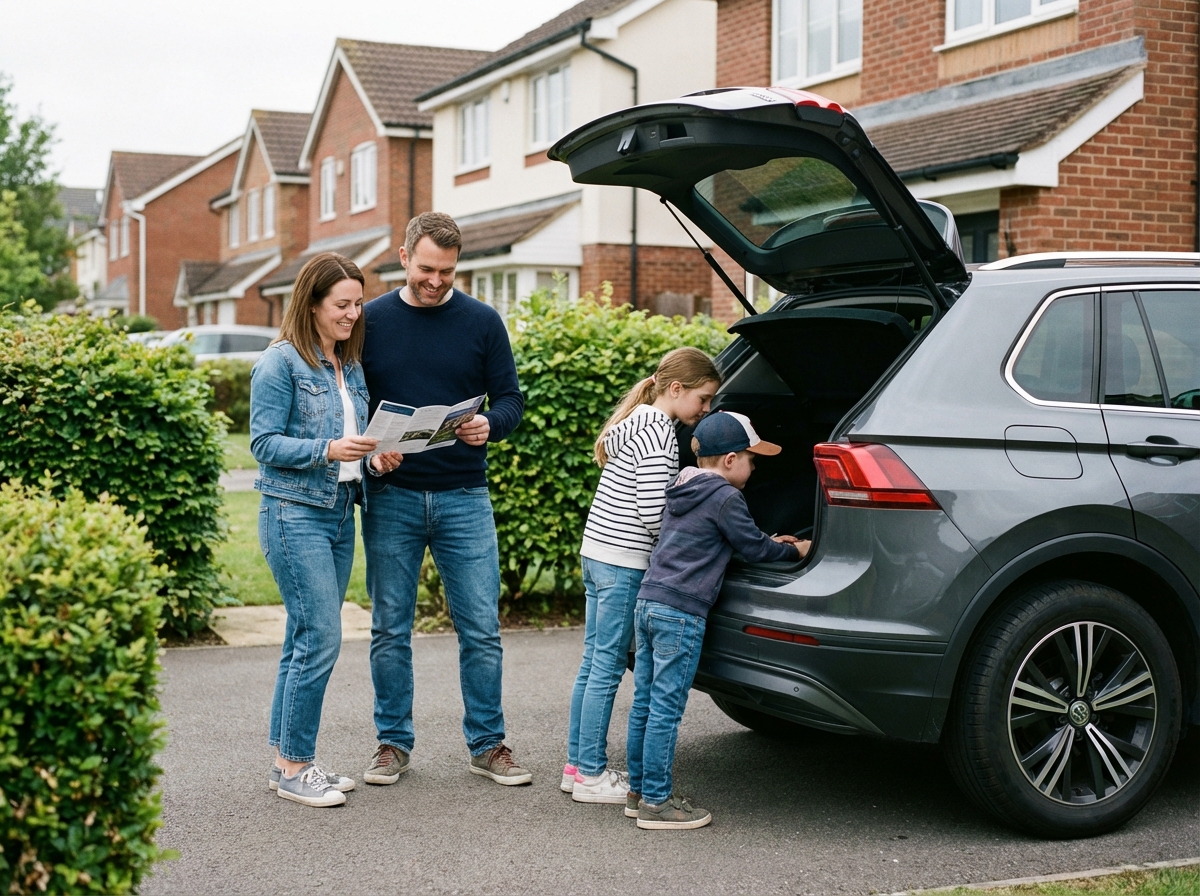 Famille devant une voiture moderne dans une allée résidentielle