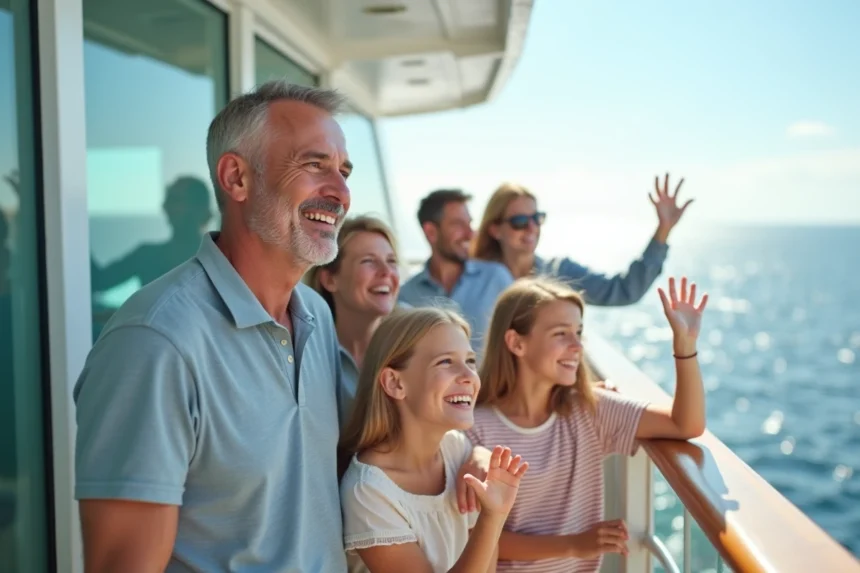 Famille heureuse sur le pont d'un navire de croisière moderne regardant l'océan