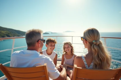 Famille heureuse en croisière profitant du pont du bateau avec vue sur l'océan
