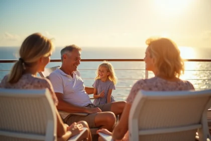 Famille heureuse en vacances sur le pont d'une croisière avec vue sur la mer