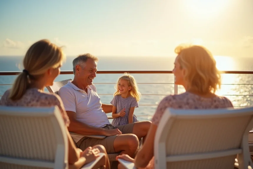 Famille heureuse en vacances sur le pont d'une croisière avec vue sur la mer