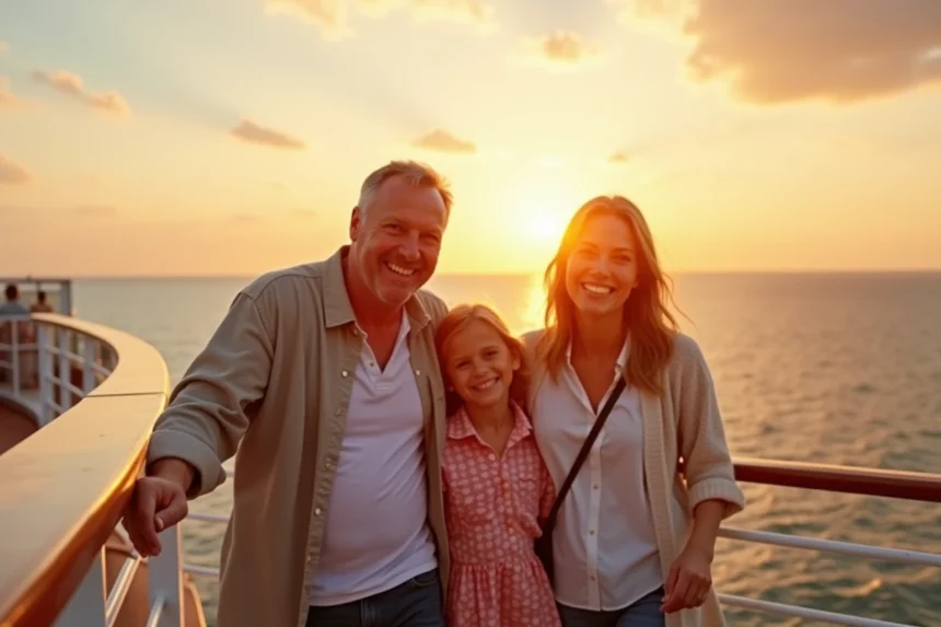 Famille heureuse en croisière avec enfants profitant de la vue sur l'océan au coucher de soleil