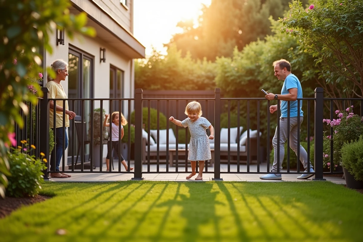 Famille profitant d'un jardin sécurisé par une clôture en aluminium, enfants jouant dehors
