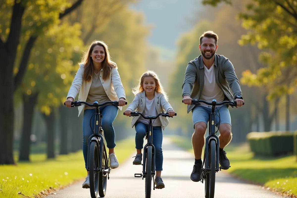 Famille testant différents modèles de vélos électriques sur une piste cyclable nature