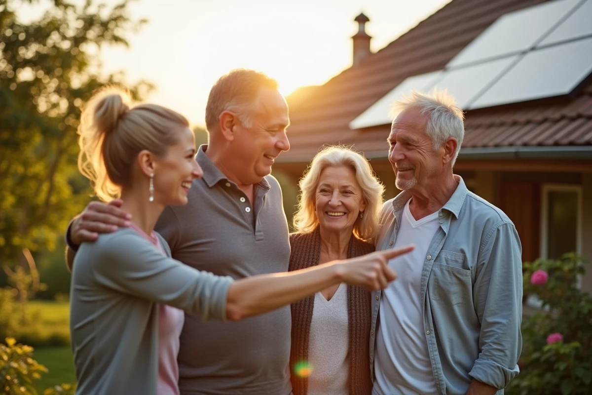 Famille heureuse devant sa maison équipée de panneaux solaires, montrant les avantages de l'énergie renouvelable