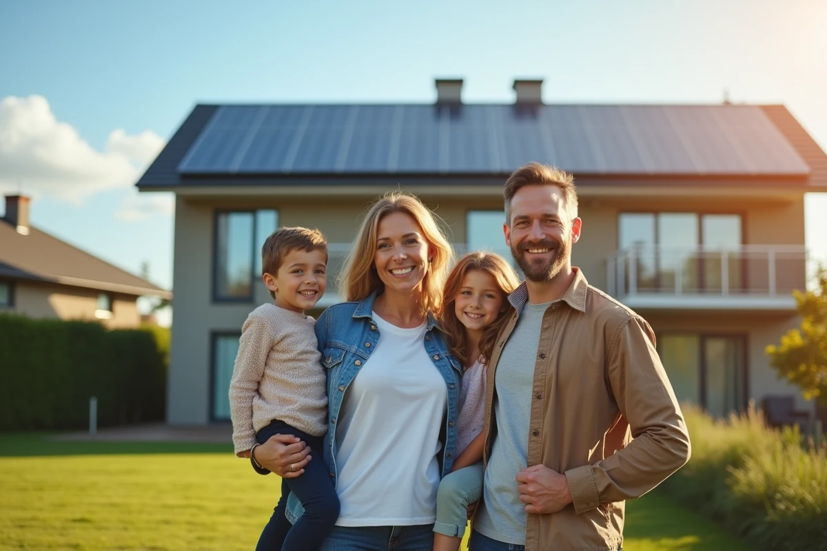 Famille heureuse devant sa maison équipée de panneaux solaires par beau temps