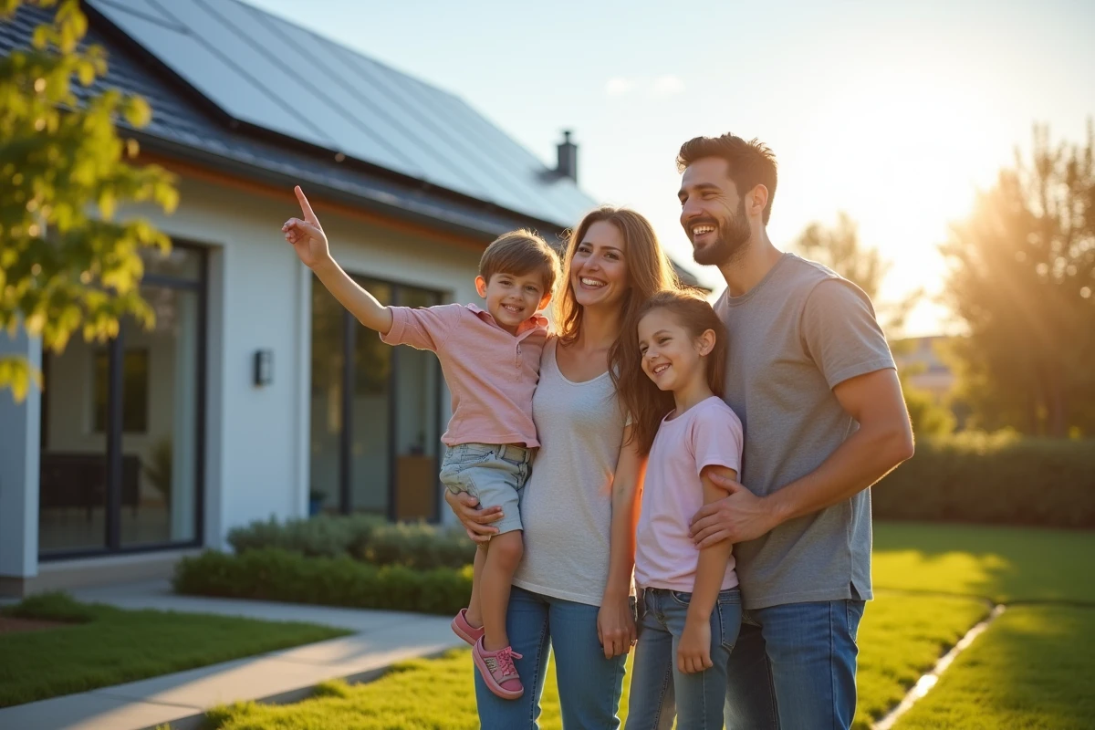 Famille heureuse devant sa maison équipée de panneaux solaires