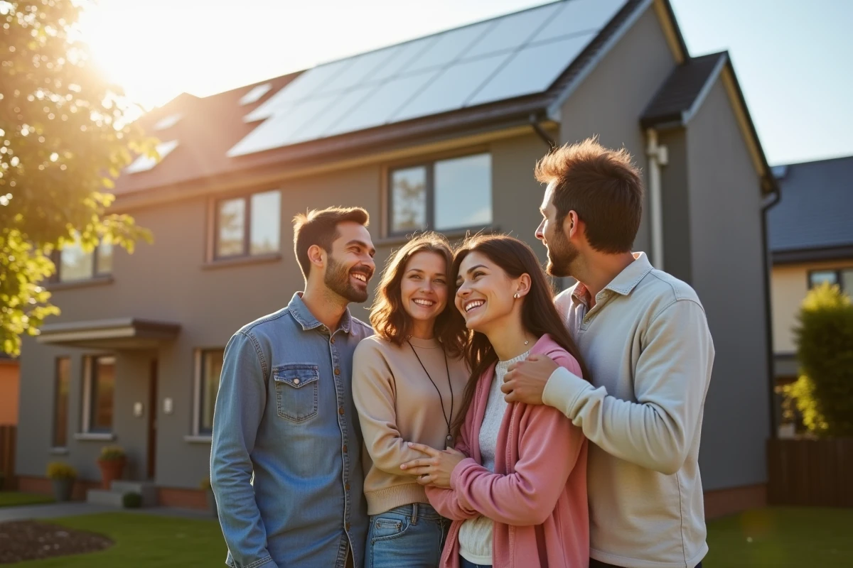 Famille heureuse devant sa maison avec installation de panneaux solaires