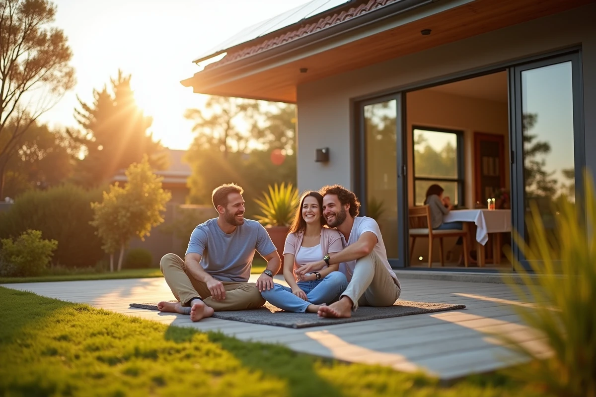 Famille profitant d'une terrasse ensoleillée près d'une maison équipée de panneaux solaires