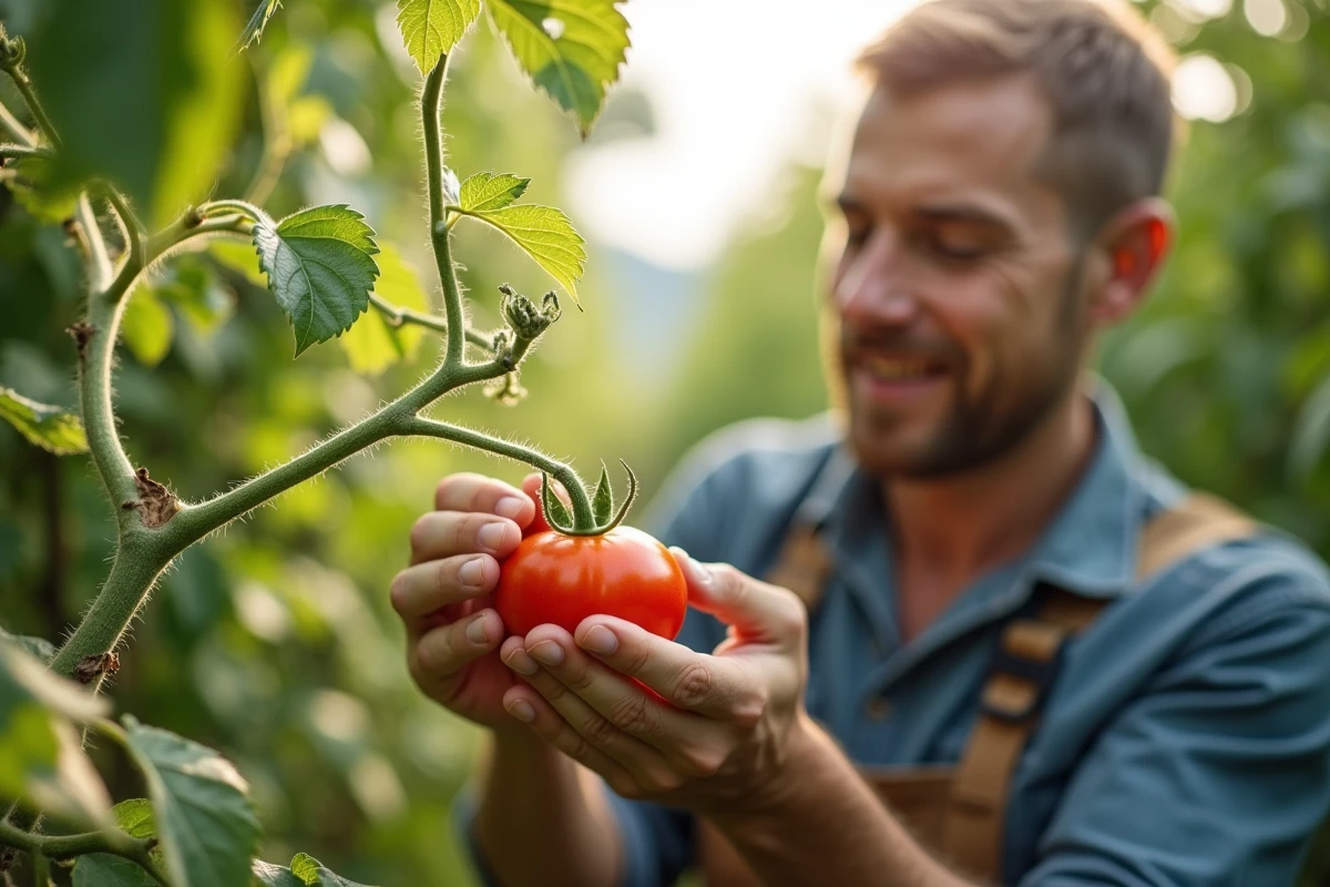 Agriculteur inspectant les feuilles d'un plant de tomate dans un jardin