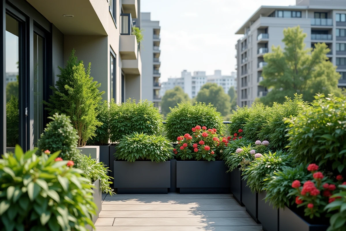 Plantes de fatsia japonaise et impatiens tolérant l'ombre sur un balcon urbain orientation nord