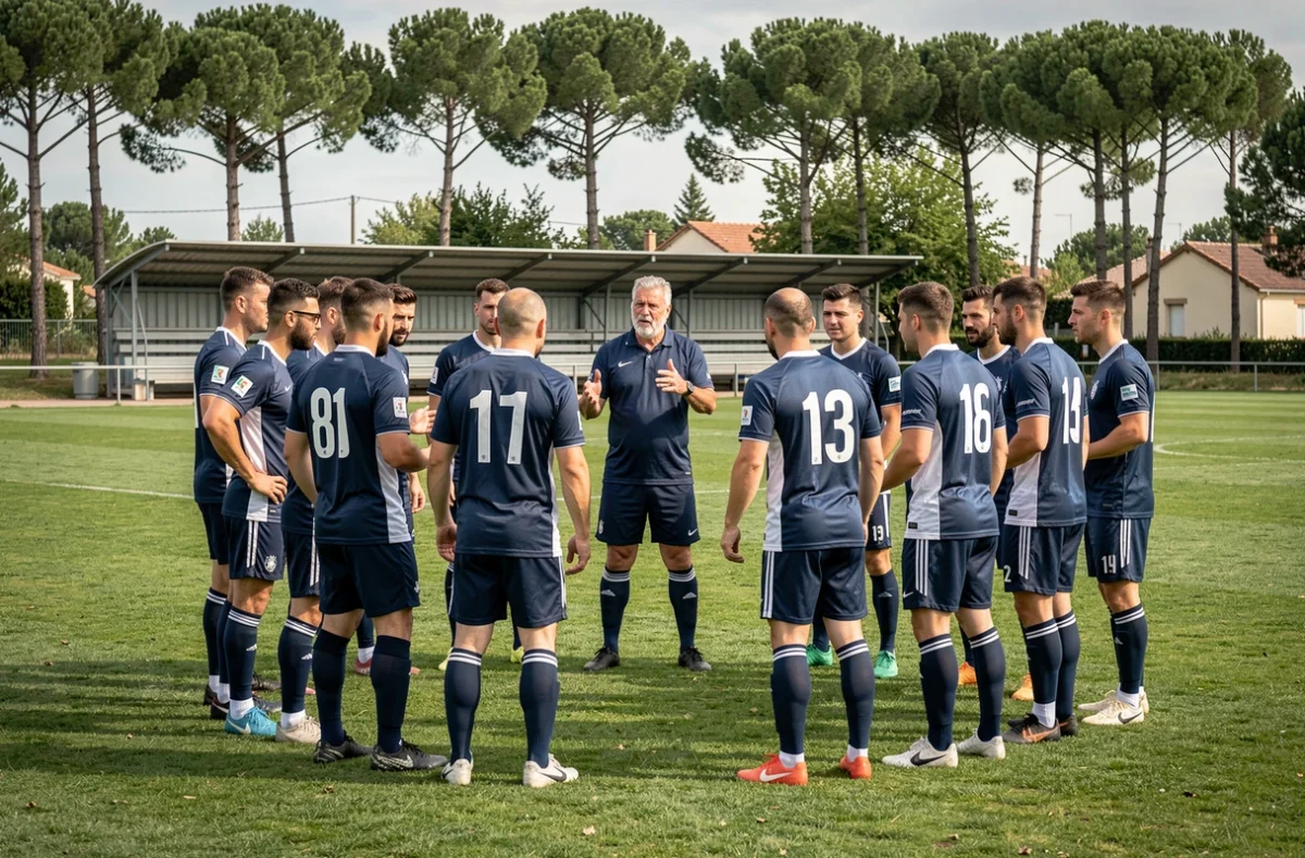 L'équipe du FCE Mérignac Arlac regroupée en cercle sur le terrain avant un match