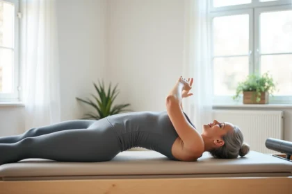 Femme de plus de 50 ans effectuant un exercice de Pilates sur une machine reformer dans un studio professionnel avec concentration