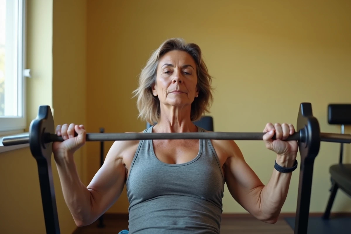 femme d'âge moyen effectuant un développé couché chez elle, montrant l'entraînement en profondeur compatible avec un vieillissement en bonne santé