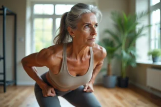 femme mature soulevant en profondeur avec expression concentrée dans un gym domestique lumineux
