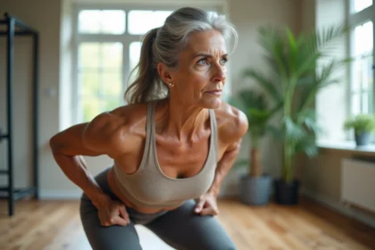 femme mature soulevant en profondeur avec expression concentrée dans un gym domestique lumineux