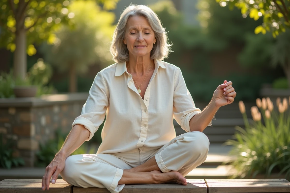 femme âgée pratiquant l'étirement serein dans un jardin botanique apaisant