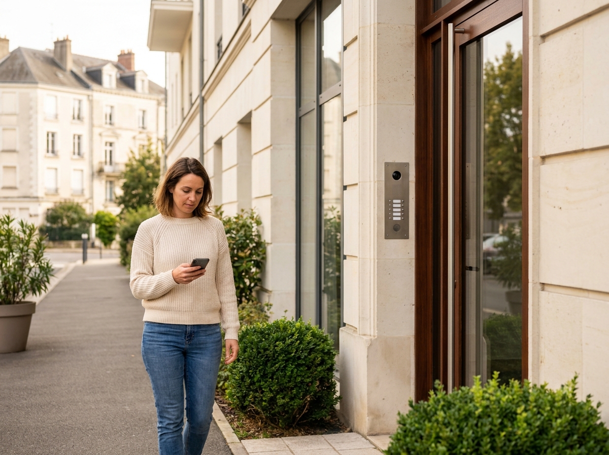 Femme consultant son téléphone devant une porte d'accès sécurisée sans clé traditionnelle