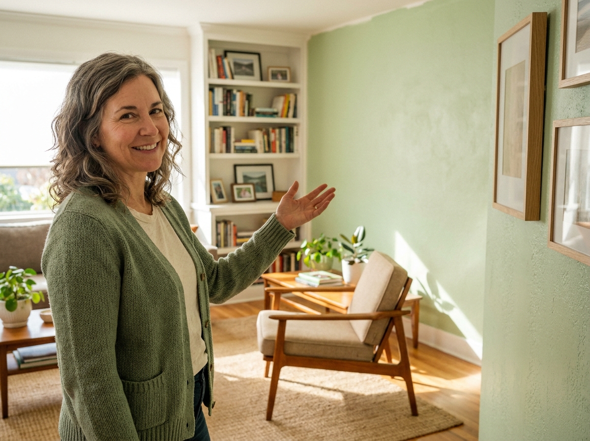 Femme satisfaite devant son mur peint en vert pistache, montrant comment les couleurs douces transforment l'ambiance d'un salon
