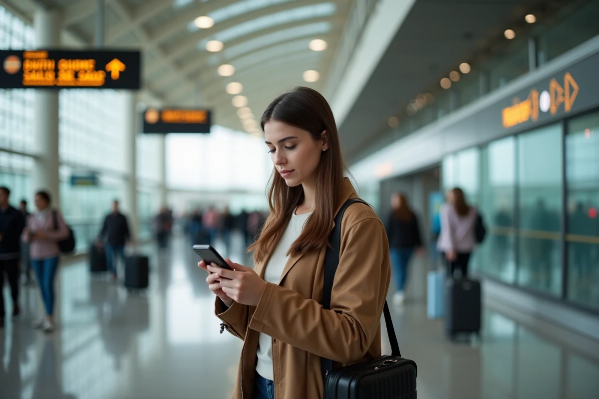 jeune femme vérifie son téléphone à l'aéroport avant départ pour Dubaï avec valises