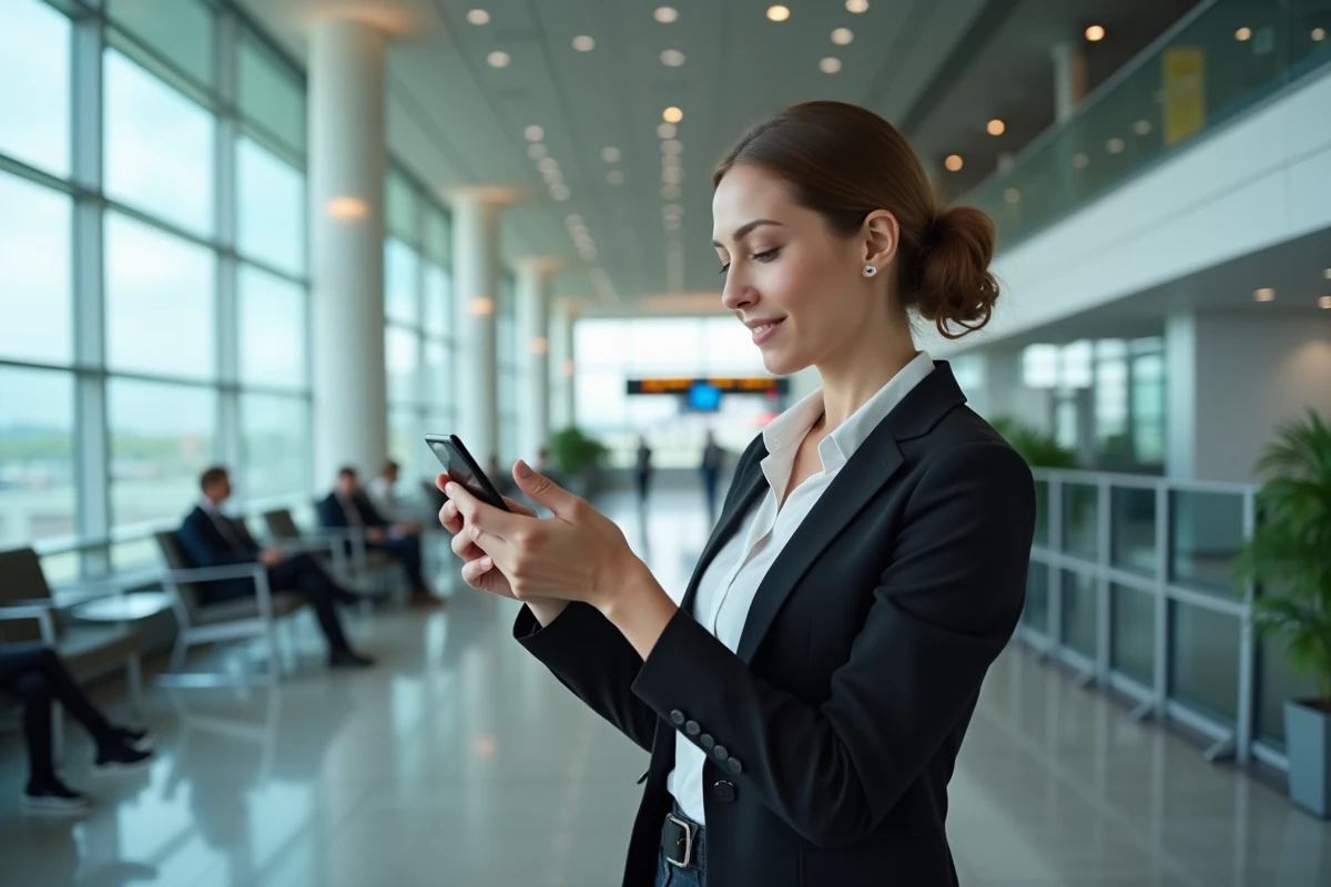 Femme d'affaires présentant un smartphone au design innovant dans un aéroport