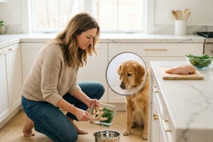 femme adulte mesurant une portion de nourriture saine pour chien stérilisé dans une cuisine moderne avec légumes frais et viande maigre