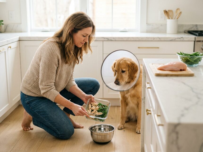 femme adulte mesurant une portion de nourriture saine pour chien stérilisé dans une cuisine moderne avec légumes frais et viande maigre