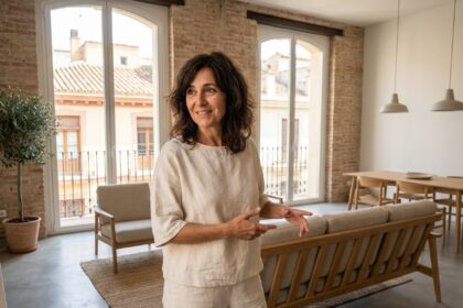Femme admirant son appartement Toulouse récemment réaménagé avec mobilier moderne et minimaliste