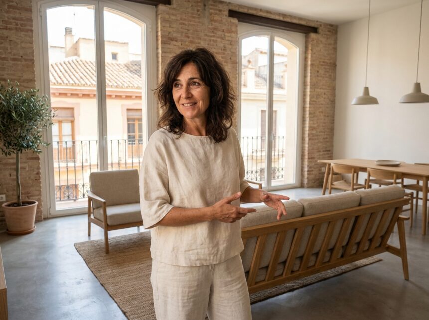 Femme admirant son appartement Toulouse récemment réaménagé avec mobilier moderne et minimaliste