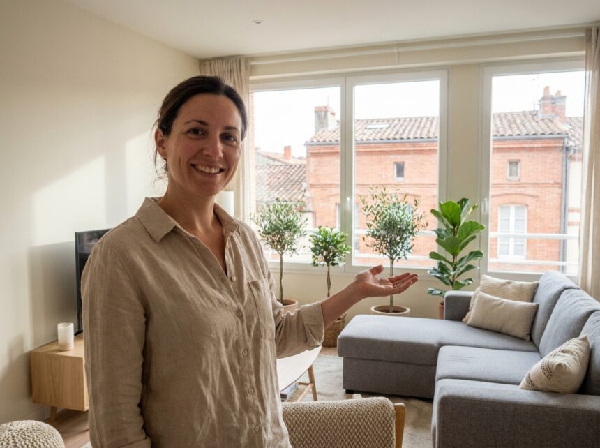 Femme souriante dans un appartement rénové à Toulouse avec mobilier moderne et aménagement élégant