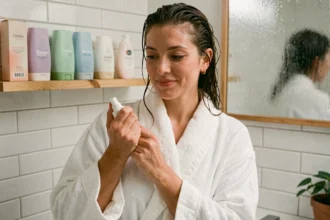 Femme appliquant un déodorant roll-on dans une salle de bain moderne avec plusieurs produits sur une étagère en bois