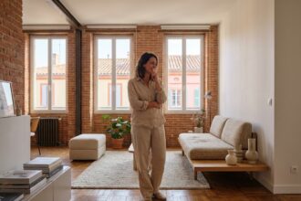 Femme admirant son appartement à Toulouse après réaménagement avec mobilier moderne et décoration soignée